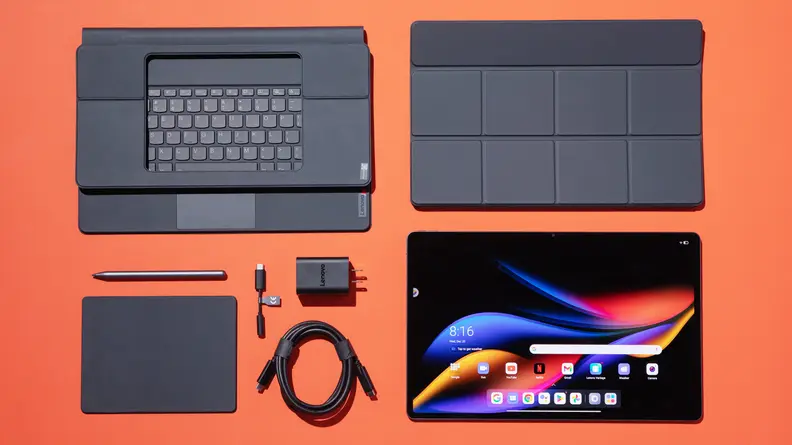 The Lenovo Tab Extreme and all of its accessories organized.