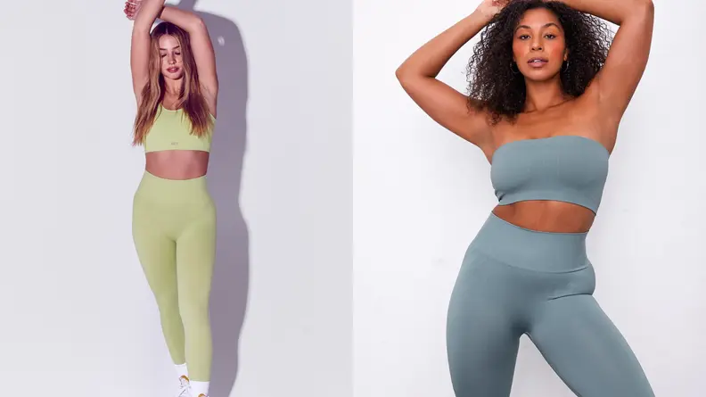 woman wearing monochrome green workout tube top and sweatpants, woman wearing monochrome blue tube top and sweatpants