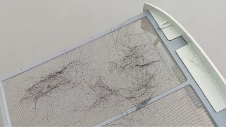 Strands of hair cling to a white air purifier filter.
