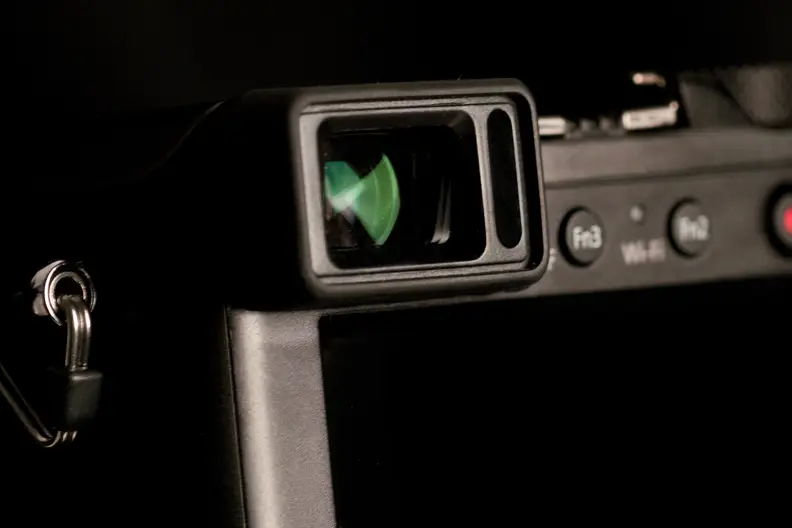 A photograph of the Panasonic Lumix LX100's electronic viewfinder.