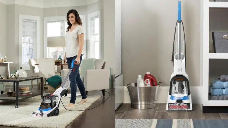 women vacuuming beige rug in living room.