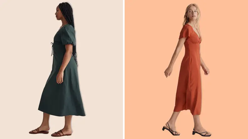 A woman wearing a grey dress and a woman wearing an orange dress on a grey and orange background.