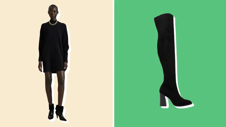 Collage of a black-knitted dress and a black boot.