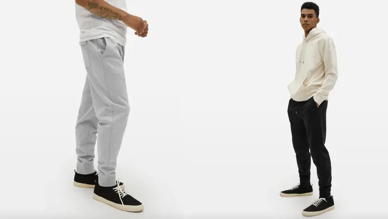 Photo of a man standing in gray sweatpants next to a photo of a man in black sweatpants and a white sweatshirt