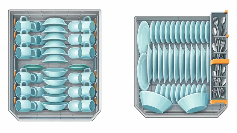An upper and lower rack of a dishwasher holding 12 place settings