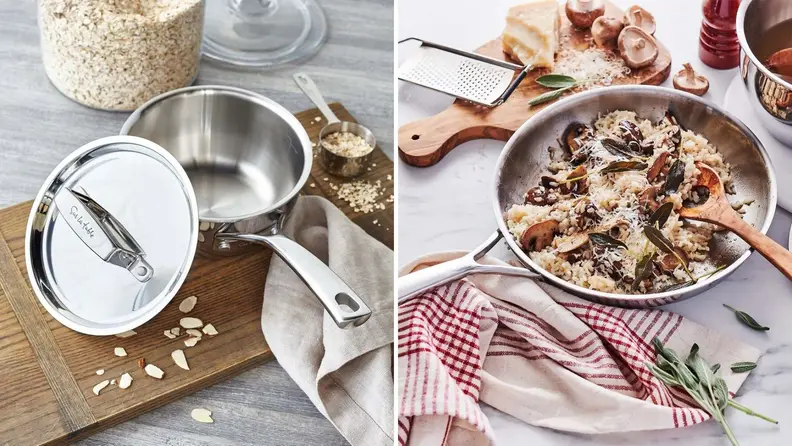 On left, Sur La Table saucepan on wooden cutting board with scattered oats surrounding. On right, a Sur La Table skillet with mushroom risotto inside, sitting on a countertop.