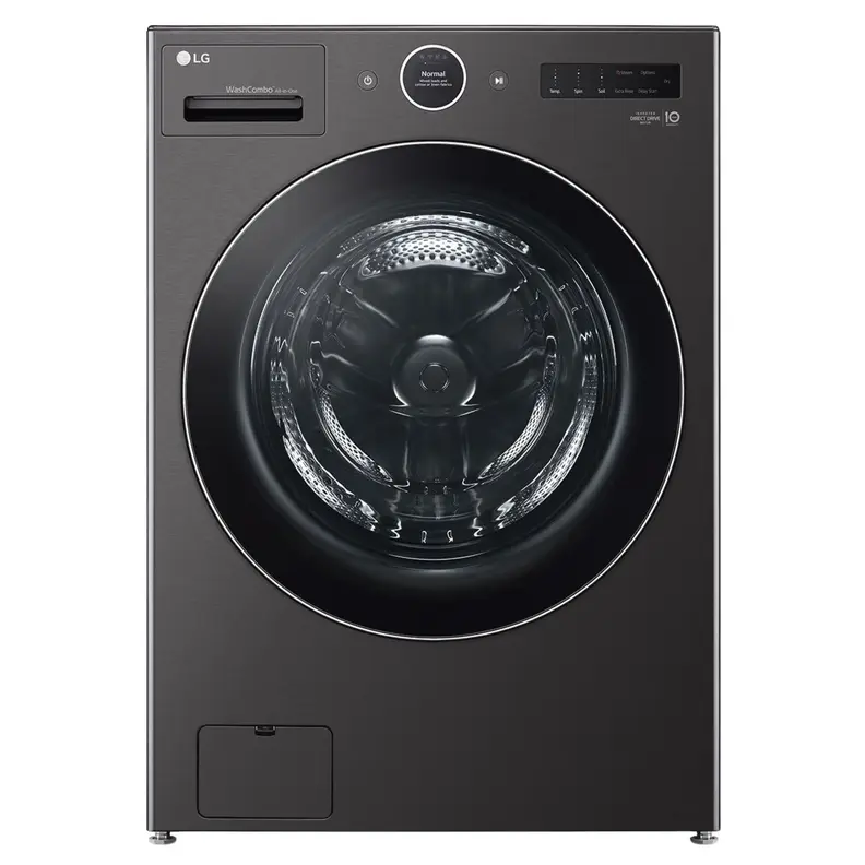 The front view of the LG WM6998HBA washer-dryer combo machine  in black steel.