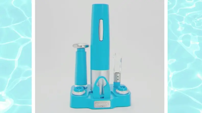 Blue Cuisinart wine opener on a blue background