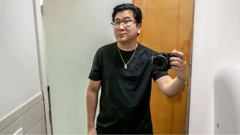 Man wearing a black Public Rec Go-To tee.