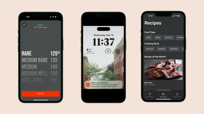 Three phone screens with screenshots from the Masterbuilt app and home screen notifcations