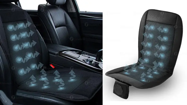 image of the zone tech cooling car seat cushion in a car next to the cushion sitting on its own