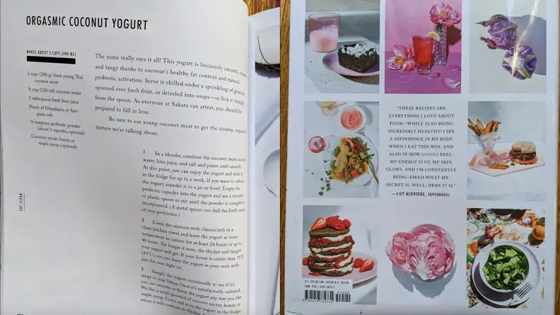On left, recipe for Orgasmic Coconut Yogurt from inside the _Eat Clean, Play Dirty_ cookbook. On right, back cover of _Eat Clean, Play Dirty_.