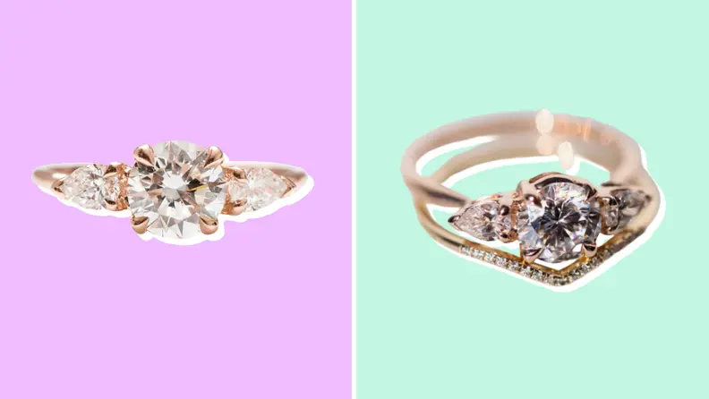 Collage of an engagement ring from Catbird shown from two different angles.
