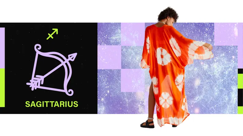 On the left is an illustration of the zodiac sign for Sagittarius. On the right is TK.