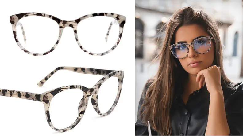woman wearing blue light glasses