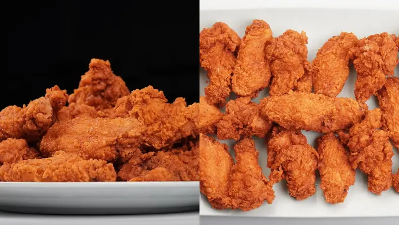 Two photos of fried chicken on a plate