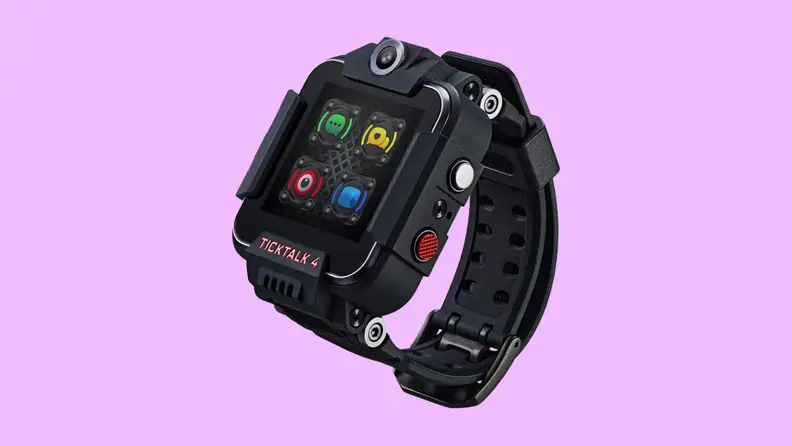 A black Tick Talk watch on a purple background.