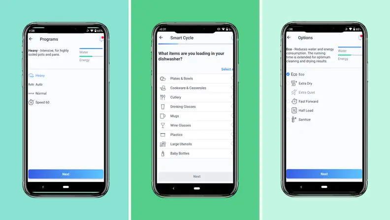 A series of three screen captures from the Home Connect mobile app. The first one showcases the different cycles you can choose from, the second one lets you set up a smart cycle by indicating what kind of dishes you're washing. The third screen shows how you can toggle on various modes, like Extra Dry, Extra Quiet, Fast Forward, Half Load, and Sanitize.