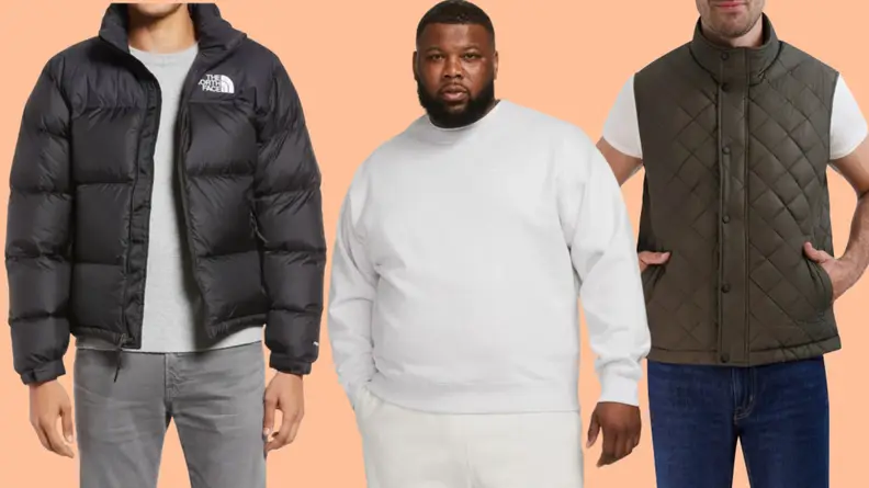 Model wearing black jacket, man wearing crewneck sweatshirt, and model wearing a quilt vest over a salmon background