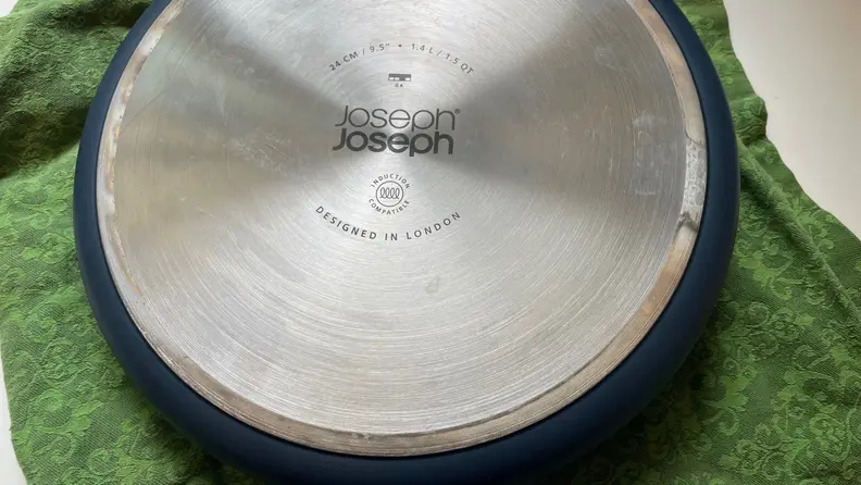 The back of a silver cooking pan.