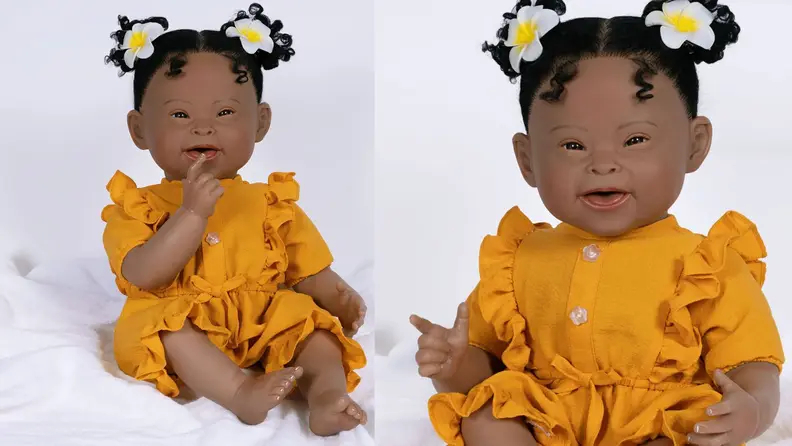 A side-by-side image of baby Emma showing a closeup of her face and a wider angle of her puffy orange dress