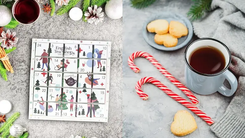 On left, the tea advent calendar shot from above. On right,  cup of tea surrounded by holiday cookies and candy canes.