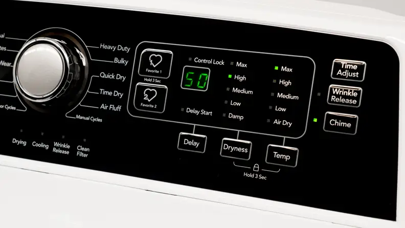 A close-up of the Frigidaire FFRE4120SW dryer's control panel.