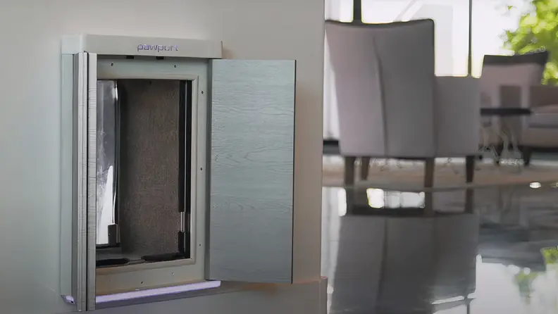 A sleek, modern pet door with a secure, automated design, featuring a brushed metal finish and a soft interior, seamlessly integrated into a home wall with a stylish and minimalistic interior in the background.