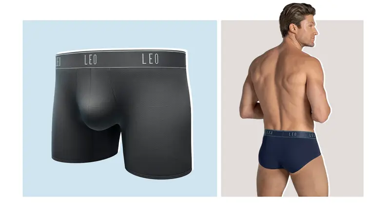Collage of a pair of black boxer briefs against a blue background, and a model wearing navy blue briefs.
