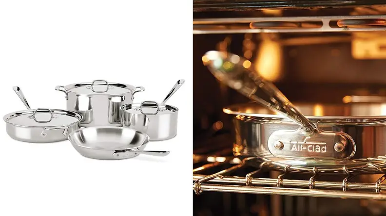 Left: A set of four All-Clad pots and pans. Right: An All-Clad pan is lovingly photographed in close-up on a metal rack, focus emphasizing the All-Clad logo.