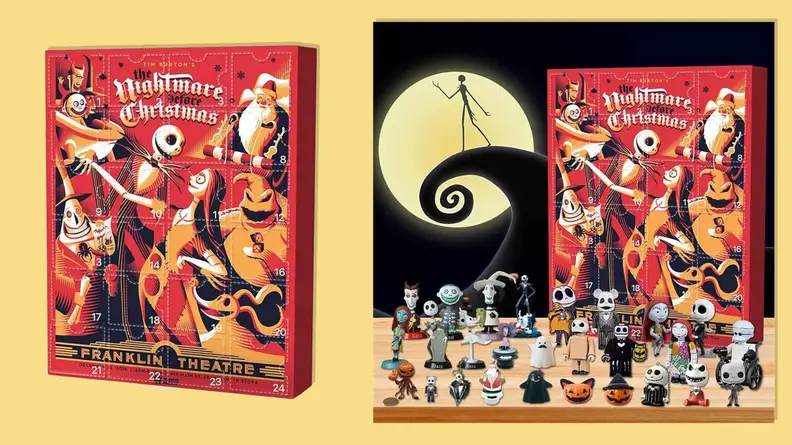 nightmare before christmas halloween advent calendar along with its toys on a yellow background.