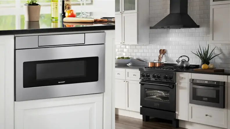 Under cabinet microwave drawers in modern-style kitchens.