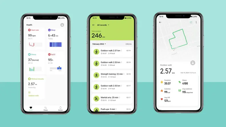 Three cellphone displays of the OnePlus Watch 2 showing health, movement, and outdoor walking stats.