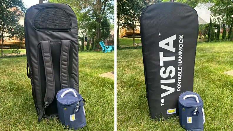 Front and back of the Yellow Leaf Hammock backpack-style travel case.