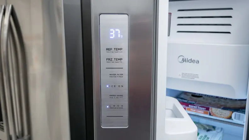 Temperature panel on inside of the Midea MRS26D5AST Side-by-Side Refrigerator.