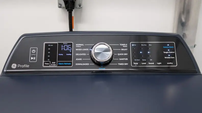 Product shot of the display panel on the GE Profile 900 Series PTD90EBPTRS Dryer.