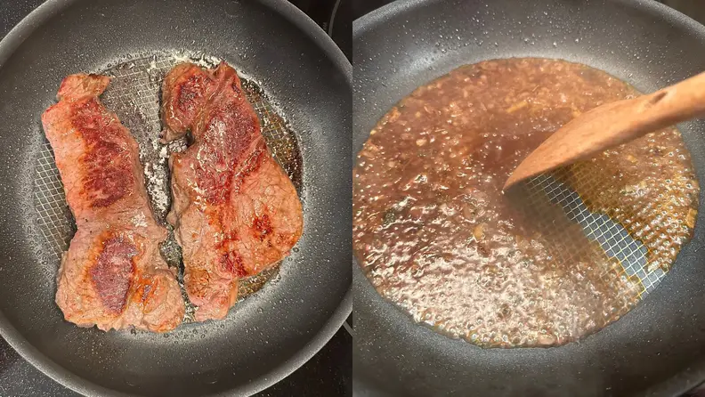 Left: two steaks searing on the Anolon X pan. Right: wooden spoon pushing a deglazing sauce to showcase it releasing