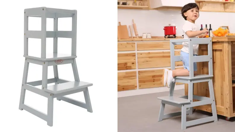 Left: A photograph of the Sdadi Adjustable Height Kitchen Step Stool against a white backdrop. Right: A young child uses the step stool.