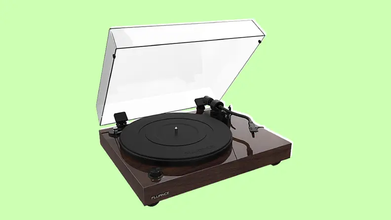 Fluance RT82 turntable on a light green background