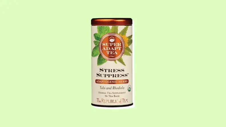 Stress Suppress tea container with a lime/yellow background.
