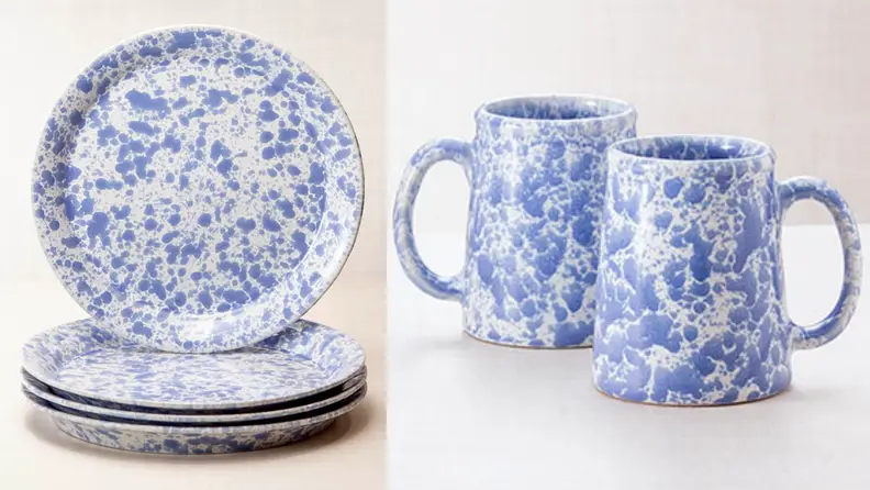 A set of periwinkle ceramic plates and cups.