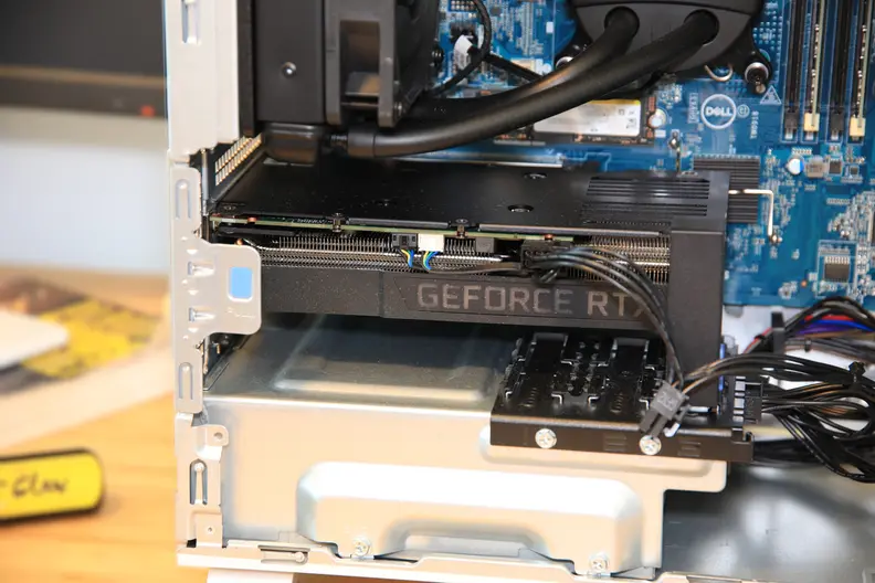 The interior of a desktop computer tower.