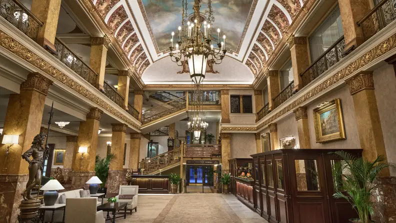 The lobby of a luxury and historic hotel