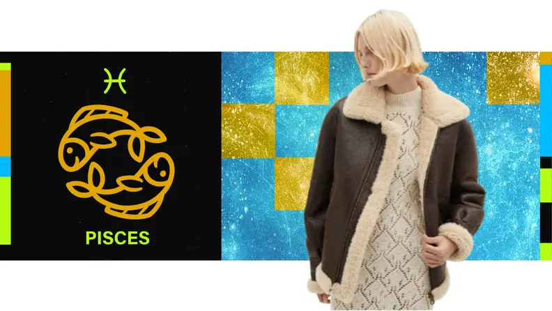 On the left is the symbol for Pisces, and on the right is a model wearing a white dress with a shearling jacket.