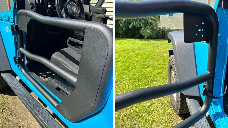 Outside view of a Rugged Ridge Fortis Tube Door closed shut juxtaposed with an angled rear view of the door while it is open.