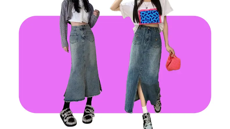 Models displaying the Lisueyne Women's Casual Stretch Waist Washed Denim Ruffle Fishtail Skirts.