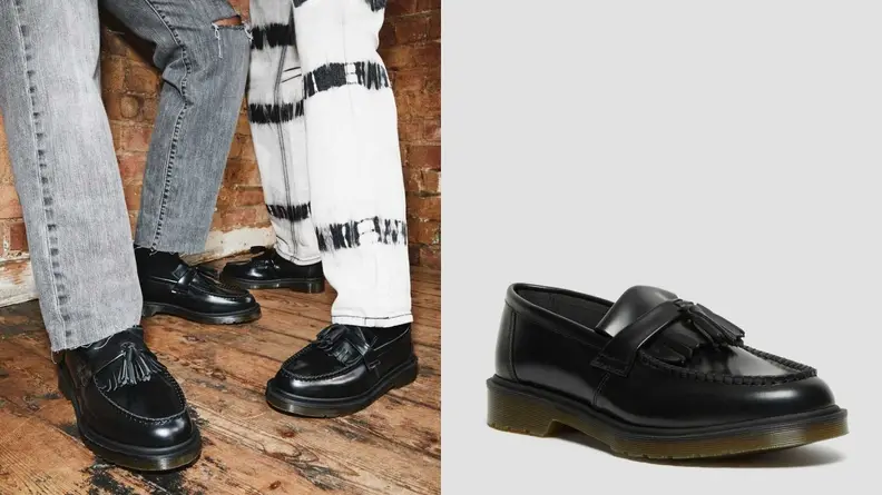 group of people wearing black polished tassel loafers by Dr. Martens