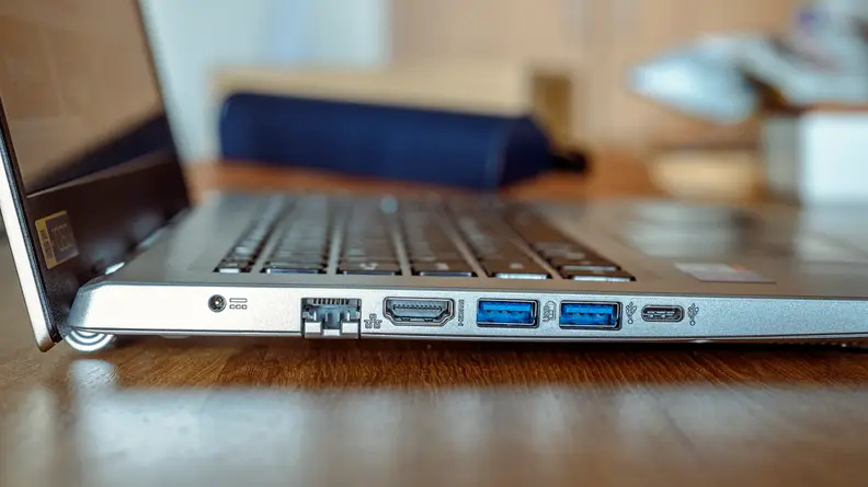 A side view of the laptop showing off its ports