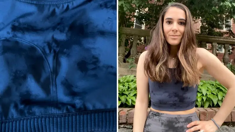 1) Close up of a blue tie-dye pair of leggings. 2) A person wears leggings and a sports top.