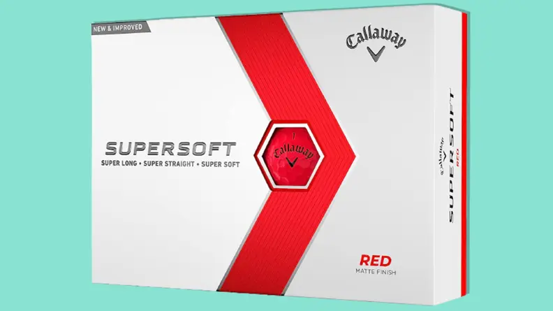 Red Callaway Supersoft golf balls on a teal background.
